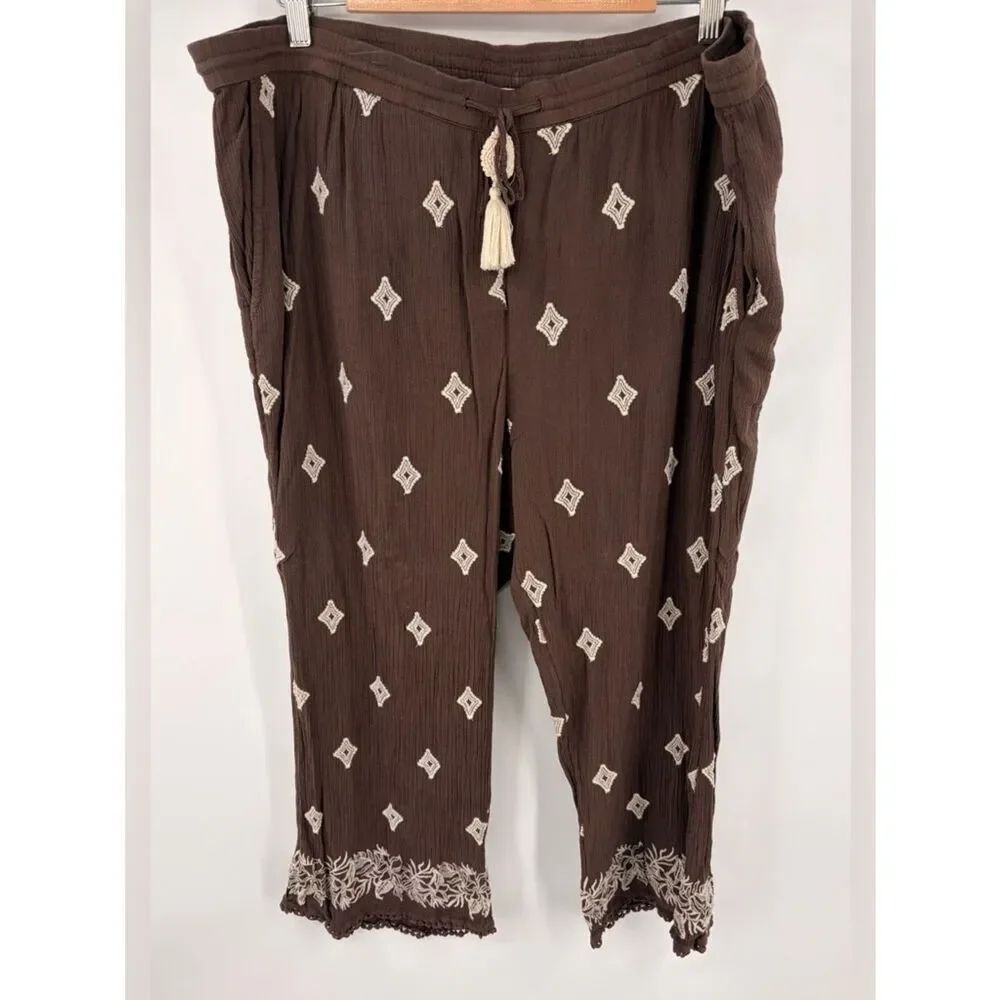 Sundance Le Meridien embroidered cropped brown pant women’s XL boho vacation